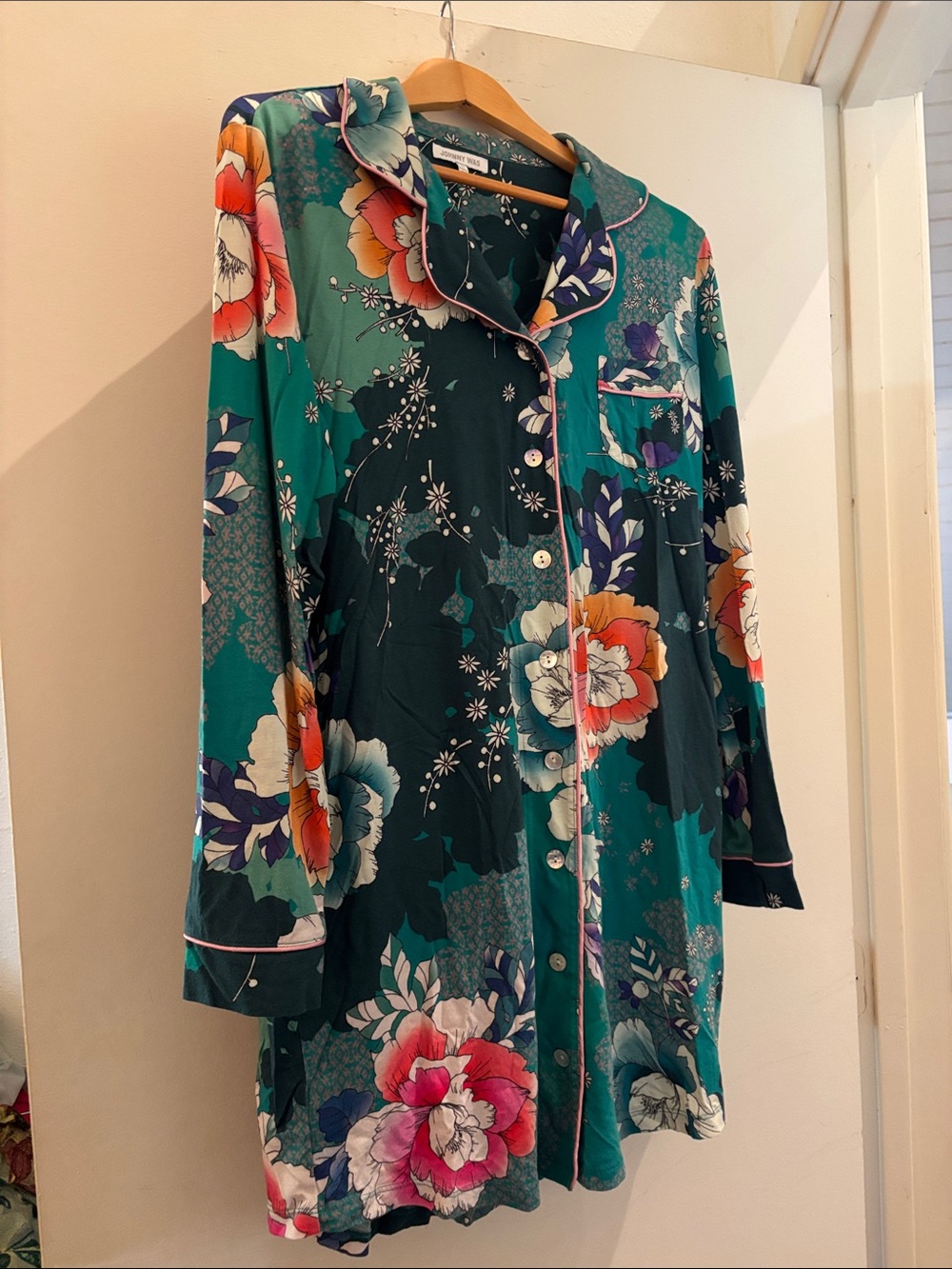 Johnny Was Teal Multi Floral Satin Long-Sleeve Sleep Shirt